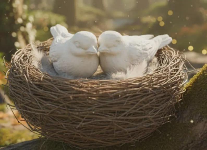 May include: Two white ceramic birds nestled in a woven twig nest. The birds are facing each other, with their beaks almost touching. The nest is filled with soft feathers, and the background is blurred with soft lighting.