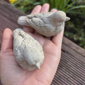 May include: Two small, light gray bird figurines. The birds are made of a textured material and are held in a person's hand. The birds have detailed wings and beaks. The background is blurred, with greenery and a wooden surface.