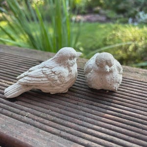 May include: Two small, light gray bird figurines. One bird is standing, the other is sitting. The birds are made of a textured material and are placed on a wooden surface. The background is blurred with green foliage.