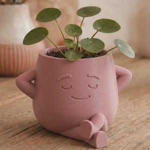 May include: A dusty rose-colored planter shaped like a seated figure with arms behind its head and legs crossed. The planter features an embossed face with closed eyes and a subtle smile, containing a green Pilea peperomioides plant with round leaves.