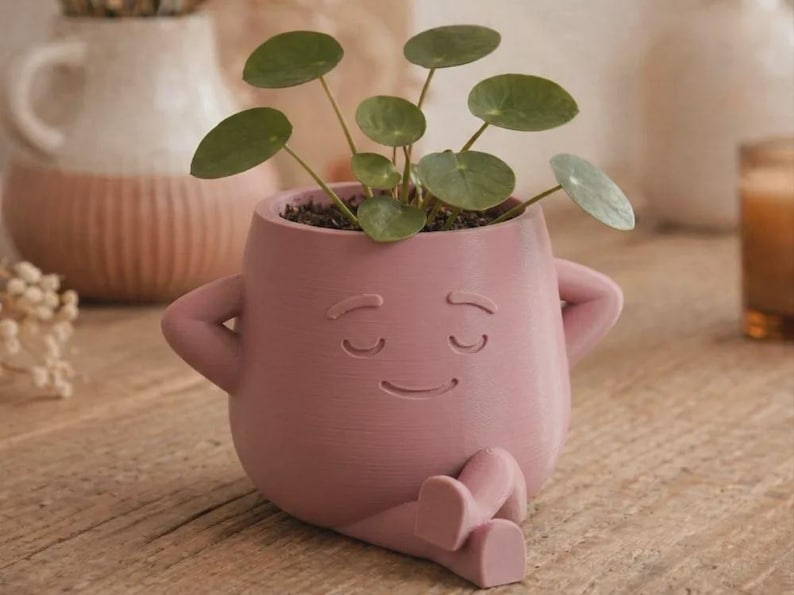 May include: A dusty rose-colored planter shaped like a seated figure with arms behind its head and legs crossed. The planter features an embossed face with closed eyes and a subtle smile, containing a green Pilea peperomioides plant with round leaves.