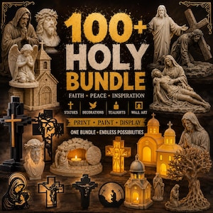Pode incluir: Uma coleção digital intitulada 100+ HOLY BUNDLE apresentando várias estátuas religiosas, modelos de igrejas iluminados, cruzes e arte de parede. A exibição inclui figuras de pedra de Jesus, anjos e cenas de fé, ao lado de suportes de velas brilhantes.