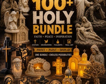May include: A digital collection titled 100+ HOLY BUNDLE featuring various religious statues, illuminated church models, crosses, and wall art. The display includes stone-textured figures of Jesus, angels, and scenes of faith, alongside glowing tealight holders.