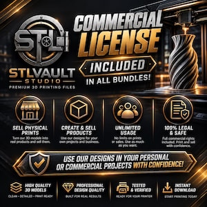 K&ouml;nnte beinhalten: Eine digitale Grafik f&uuml;r STLVAULT STUDIO mit dem Text COMMERCIAL LICENSE INCLUDED IN ALL BUNDLES. Sie zeigt Symbole f&uuml;r den Verkauf physischer Drucke, die Erstellung von Produkten, unbegrenzte Nutzung und Rechtssicherheit sowie eine 3D-gedruckte Vase.