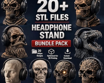 May include: A digital collection of 20+ STL files for a headphone stand bundle pack, featuring various sculpted busts including skulls, a dinosaur, and a human head, all wearing over-ear headphones, optimized for 3D printing and instant download.