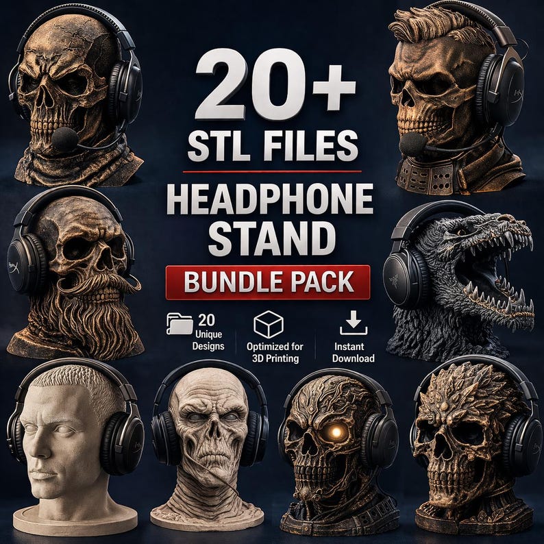 May include: A collection of 20+ STL files for a headphone stand bundle pack, featuring various 3D printable designs including skulls, a dinosaur, and a human head, all wearing black over-ear headphones with microphones on a dark background.