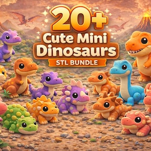 May include: A vibrant image showcasing a collection of cartoon dinosaurs in shades of orange, purple, green, and blue. The text "20+ Cute Mini Dinosaurs STL Bundle" is displayed at the top. The dinosaurs are in various poses.