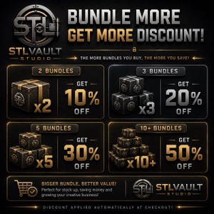 K&ouml;nnte beinhalten: Eine Werbegrafik f&uuml;r STLVAULT STUDIO mit einer gestaffelten Rabattstruktur. Sie zeigt vier Abschnitte mit Paketen von 2, 3, 5 und 10+ Boxen mit entsprechenden Rabatten von 10%, 20%, 30% und 50%. Der Text lautet BUNDLE MORE GET MORE DISCOUNT!
