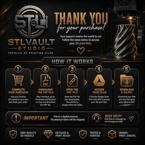 K&ouml;nnte beinhalten: Eine schwarz-goldene Infografik f&uuml;r STLVAULT STUDIO 3D-Druckdateien. Sie zeigt einen f&uuml;nfstufigen Prozess zum Herunterladen digitaler Dateien mit Symbolen f&uuml;r Einkaufswagen, PDF, Link, Google Drive und Ordner sowie begleitenden Textanweisungen.
