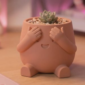 May include: A peach-colored ceramic planter shaped like a figure with two hands covering its eyes and a small smiling mouth. The planter contains a small green succulent plant nestled in light-colored gravel, with two small feet at the base.
