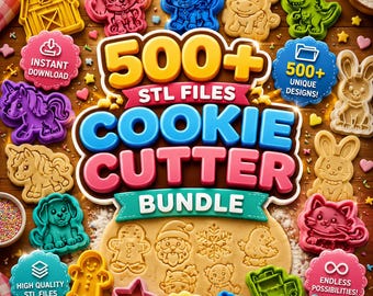 May include: A digital collection of 500+ STL files for cookie cutters, featuring various plastic moulds in shapes like unicorns, animals, and holiday icons. The image displays colourful 3D printed cutters alongside stamped dough impressions.