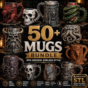 Peut inclure: Une collection de 50+ chopes présentant des designs 3D complexes incluant des dragons, des crânes, des vikings et des créatures tentaculaires. Le texte central indique 50+ MUGS BUNDLE EPIC DESIGNS. ENDLESS STYLE. Fichiers numériques inclus.