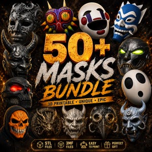 Op de afbeelding: Een digitale collectie van 50+ printbare maskerontwerpen met diverse stijlen, waaronder sierlijke zwarte Venetiaanse, kleurrijke fantasy, robotachtige, schedel- en demonenmotieven. De tekst luidt 50+ MASKS BUNDLE, 3D PRINTABLE, UNIQUE, EPIC, STL FILES, 3MF FILES, EASY TO PRINT, PERFECT GIFT.