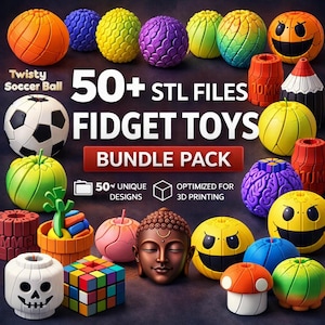 Può includere: Una collezione di fidget toy stampati in 3D che include sfere, un pallone da calcio, un teschio, un cubo, un fungo e una testa di Buddha. Il testo recita Twisty Soccer Ball, 50+ STL FILES FIDGET TOYS BUNDLE PACK, 50+ UNIQUE DESIGNS, OPTIMIZED FOR 3D PRINTING.