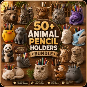 Paquete de archivos STL de portalápices con forma de animales: más de 50 portalápices con forma de animales, organizadores de escritorio adorables, portalápices imprimibles en 3D.
