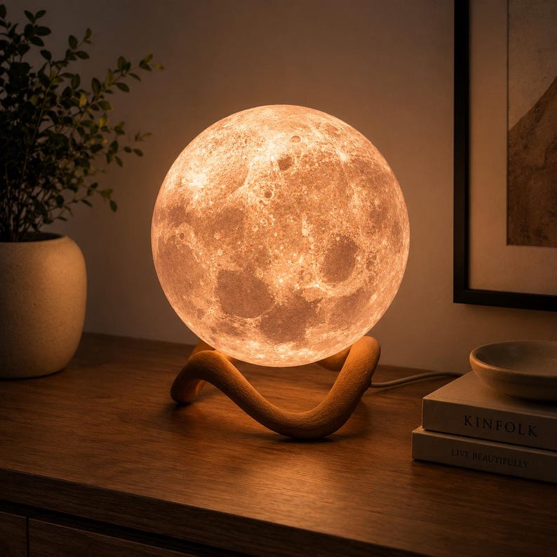K&ouml;nnte beinhalten: Eine kugelf&ouml;rmige Mondlampe, die ein warmes, sanftes Licht ausstrahlt und eine detaillierte, strukturierte Oberfl&auml;che aufweist, die die Mondlandschaft nachahmt. Die Lampe ruht auf einem geschwungenen, hellen Holzst&auml;nder.