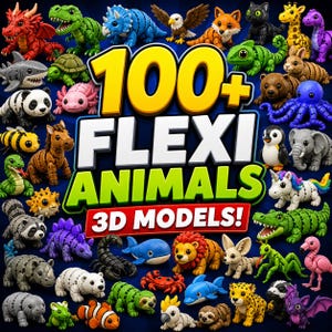 May include: A collection of articulated 3D printed animal figures in various colours and species, including a red dragon, green dinosaur, blue whale, and yellow lion, arranged around the text 100+ FLEXI ANIMALS 3D MODELS!