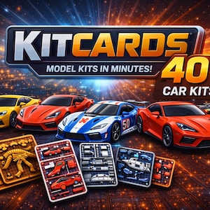 Peut inclure: Kits de modèles réduits KITCARDS avec des voitures de sport jaunes, rouges, bleues et vertes. L'ensemble comprend des pièces en plastique sur des cadres rectangulaires et des modèles finis. Texte : KITCARDS MODEL KITS IN MINUTES! 40+ CAR KITS!