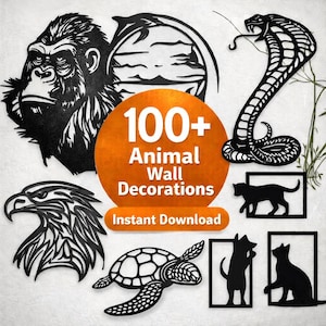 Könnte beinhalten: Eine Sammlung schwarzer Tier-Wanddekorationen als Silhouetten, darunter ein Gorilla, eine Kobra, ein Adler, eine Schildkröte und Katzen, zentriert um eine orangefarbene Grafik mit dem weißen Text 100+ Animal Wall Decorations Instant Download.