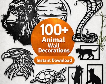 May include: A collection of black silhouette animal wall art designs including a gorilla, cobra, eagle, turtle, and cats, centered around an orange circular graphic with the white text 100+ Animal Wall Decorations Instant Download.