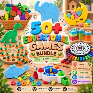 May include: A 50+ educational games bundle featuring colorful wooden toys including a vegetable basket, elephant puzzle, moon stacker, dinosaur puzzle, carrot harvest game, fishing set, number blocks, and a circular peg board with logic and motor skill labels.