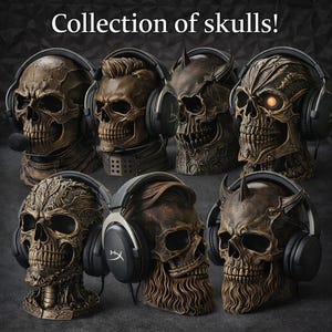 May include: A collection of seven decorative skull sculptures, each wearing black over-ear headphones. The skulls feature varied textures, including hair, beards, horns, and mechanical details, finished in a dark bronze tone. Text reads: Collection of skulls!