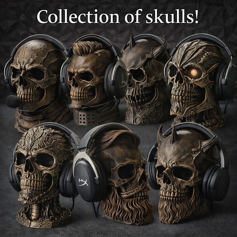 May include: A collection of seven decorative skull sculptures, each wearing black over-ear headphones. The skulls feature varied textures, including hair, beards, horns, and mechanical details, finished in a dark bronze tone. Text reads: Collection of skulls!