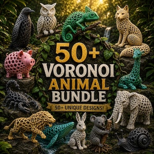 Könnte beinhalten: Eine Sammlung von 3D-gedruckten Tierfiguren mit komplexen Voronoi-Gittermustern. Das Set enthält eine schwarze Krähe, eine weiße Eule, ein grünes Chamäleon, einen beigen Fuchs, ein rosa Schwein, einen schwarzen Skorpion, eine türkise Giraffe, einen goldenen Löwen, einen türkisen Wal, einen weißen Hasen, einen grauen Koala, einen weißen Elefanten und eine schwarze Schnecke.