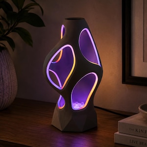 K&ouml;nnte beinhalten: Eine skulpturale Tischleuchte mit einer matten, grauen, organisch geformten Au&szlig;enh&uuml;lle mit mehreren Aussparungen. Die Innenkanten der Aussparungen sind mit lebhaftem violettem und orangefarbenem LED-Licht beleuchtet, das auf kleine klare Steine strahlt.
