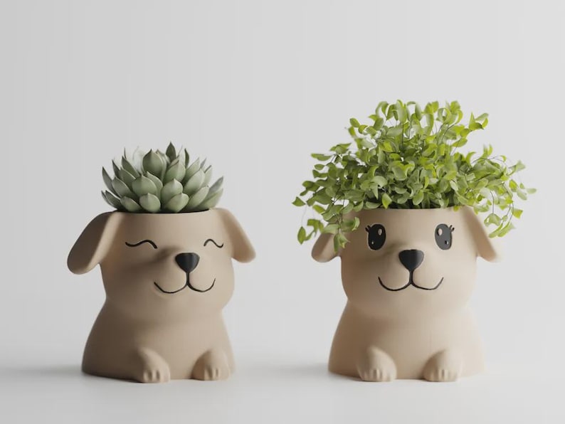 May include: Two beige ceramic dog-shaped planters with painted black facial features. The left planter features a succulent with pointed leaves, while the right planter holds a leafy green plant with small, delicate foliage and wide eyes.
