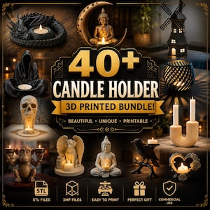 Op de afbeelding: Een digitale collectie van 40+ 3D-geprinte kaarsenhouderontwerpen met diverse vormen zoals een draak, Boeddha, windmolen, schedel, aap, engelachtige hond, raaf en hart. De tekst luidt 40+ CANDLE HOLDER 3D PRINTED BUNDLE! BEAUTIFUL UNIQUE PRINTABLE.