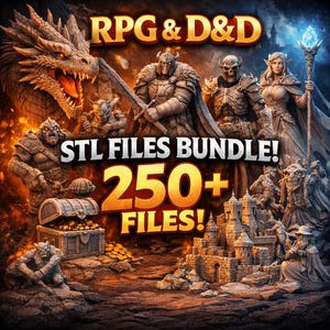 Könnte beinhalten: Eine digitale Grafik mit einem Drachen, Kriegern und einer Burg mit dem Text RPG & D&D STL FILES BUNDLE! 250+ FILES! Das Bild zeigt verschiedene Fantasy-Figuren, eine Schatztruhe und eine steinerne Festung vor einem feurigen, dunklen Hintergrund.