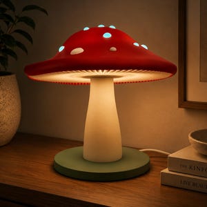 K&ouml;nnte beinhalten: Eine pilzf&ouml;rmige Tischleuchte mit einem leuchtend roten Hut, der mit hellblauen, leuchtenden Punkten versehen ist. Die Lampe hat einen glatten, cremewei&szlig;en Stiel und einen runden gr&uuml;nen Sockel. Die Unterseite des Hutes ist beleuchtet.