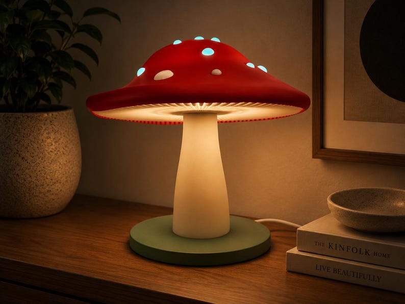 K&ouml;nnte beinhalten: Eine pilzf&ouml;rmige Tischleuchte mit einem leuchtend roten Hut, der mit hellblauen, leuchtenden Punkten versehen ist. Die Lampe hat einen glatten, cremewei&szlig;en Stiel und einen runden gr&uuml;nen Sockel. Die Unterseite des Hutes ist beleuchtet.