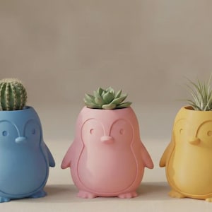 May include: Three penguin-shaped planters in blue, pink, and yellow. The blue planter holds a round green cactus, the pink planter contains a green succulent, and the yellow planter holds a spiky green air plant. Each planter has a smooth finish.