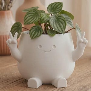 May include: A matte white ceramic planter shaped like a rounded figure with two arms raised in peace signs, a simple etched smiling face, and two small feet at the base. The planter holds a small green plant with striped, heart-shaped leaves.