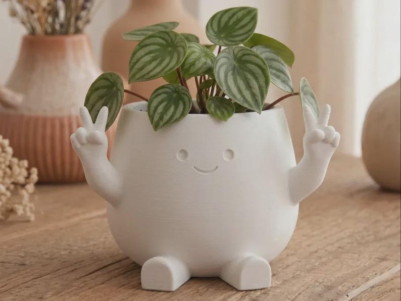 May include: A matte white ceramic planter shaped like a rounded figure with two arms raised in peace signs, a simple etched smiling face, and two small feet at the base. The planter holds a small green plant with striped, heart-shaped leaves.