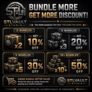 May include: A promotional graphic for STLVAULT STUDIO featuring a tiered discount structure. It displays four sections showing bundles of 2, 3, 5, and 10+ boxes with corresponding discounts of 10%, 20%, 30%, and 50% off. The text reads BUNDLE MORE GET MORE DISCOUNT!