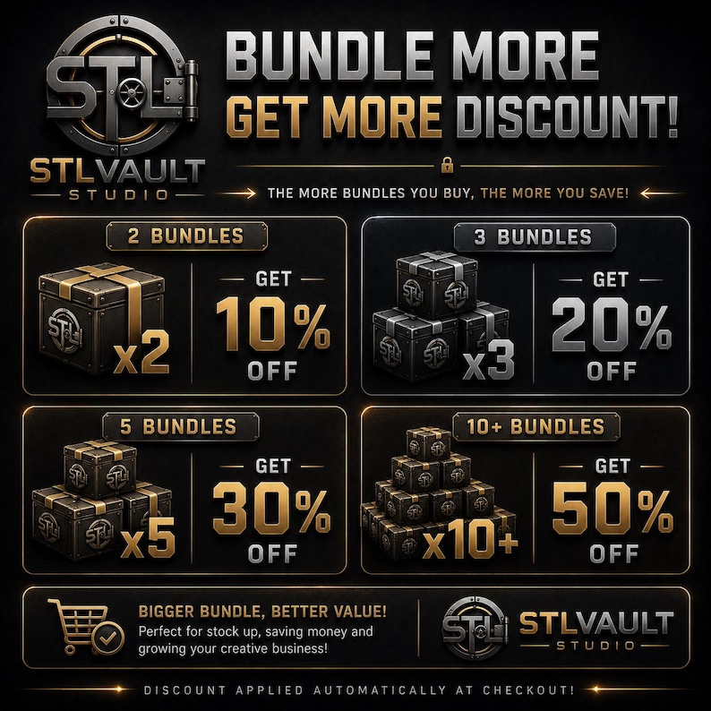 May include: A promotional graphic for STLVAULT STUDIO featuring a tiered discount structure. It displays four sections showing bundles of 2, 3, 5, and 10+ boxes with corresponding discounts of 10%, 20%, 30%, and 50% off. The text reads BUNDLE MORE GET MORE DISCOUNT!