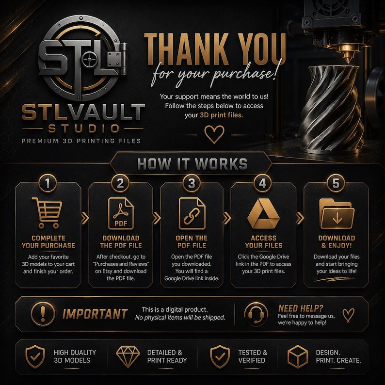 May include: A black and gold instructional graphic for STLVAULT STUDIO 3D printing files. It features a five-step process for downloading digital files, including icons for a shopping cart, PDF, link, Google Drive, and folder, with text instructions.