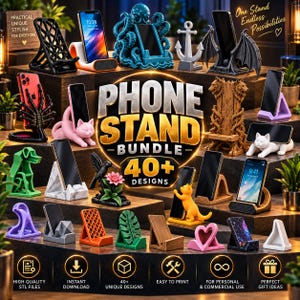 Può includere: Una collezione di supporti per telefono con design vari, tra cui un polpo, un gatto, un drago, un trono e forme geometriche. L'immagine riporta il testo Phone Stand Bundle 40+ Designs e One Stand Endless Possibilities.