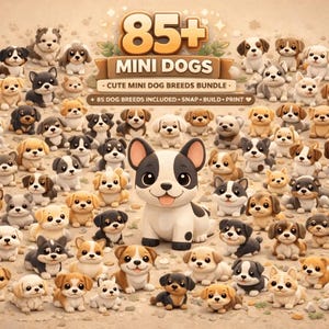 Puede incluir: Una ilustración digital que presenta más de 85 mini perros de estilo caricatura de varias razas y colores, centrada en un gran bulldog francés. La imagen incluye el texto 85+ MINI DOGS, CUTE MINI DOG BREEDS BUNDLE y 85 DOG BREEDS INCLUDED.