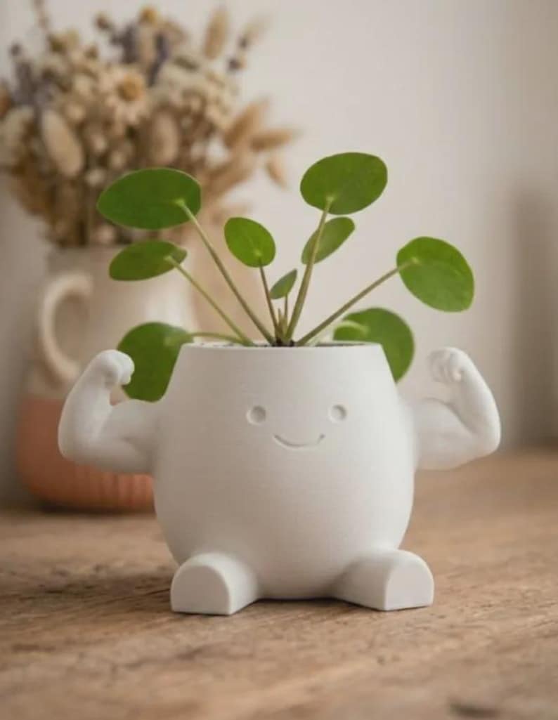 May include: A white ceramic planter shaped like a character with muscular arms flexed in a pose, a simple smiling face, and two small feet. The planter holds a green Pilea peperomioides plant with round leaves extending from the top opening.