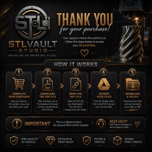May include: A black and gold instructional graphic for STLVAULT STUDIO 3D printing files. It features a five-step process for downloading digital files, including icons for a shopping cart, PDF, link, Google Drive, and folder, with text instructions.