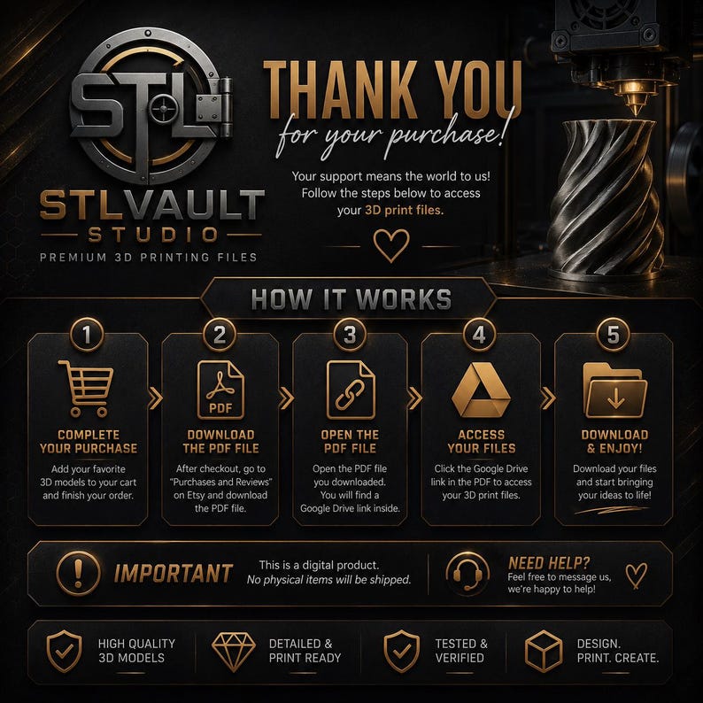 May include: A black and gold instructional graphic for STLVAULT STUDIO 3D printing files. It features a five-step process for downloading digital files, including icons for a shopping cart, PDF, link, Google Drive, and folder, with text instructions.