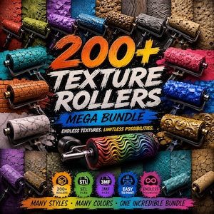 Op de afbeelding: Een collectie van 200+ textuurrollers voor 3D-printen, met diverse patronen zoals bakstenen, marmer, bloemen en golven in meerdere kleuren. De tekst luidt 200+ TEXTURE ROLLERS MEGA BUNDLE, ENDLESS TEXTURES. LIMITLESS POSSIBILITIES, MANY STYLES.