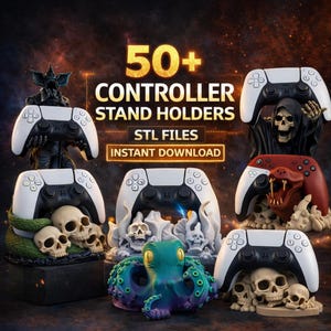 May include: A collection of 50+ controller stand holders featuring various designs including a dark creature, a skeleton, a red snake, and a teal octopus. The text reads 50+ CONTROLLER STAND HOLDERS STL FILES INSTANT DOWNLOAD. These stands hold white and black game controllers.