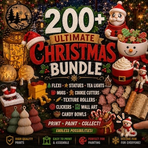 Può includere: Un grafico digitale intitolato 200+ ULTIMATE CHRISTMAS BUNDLE che mostra varie decorazioni natalizie stampate in 3D, tra cui una statuetta di Babbo Natale, una tazza a forma di pupazzo di neve, formine per biscotti e rulli su sfondo scuro.