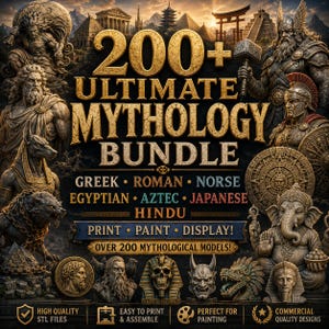 Könnte beinhalten: Eine digitale Grafik mit dem Text 200+ ULTIMATE MYTHOLOGY BUNDLE, GREEK, ROMAN, NORSE, EGYPTIAN, AZTEC, JAPANESE, HINDU, PRINT, PAINT, DISPLAY! und OVER 200 MYTHOLOGICAL MODELS!, umgeben von verschiedenen mythologischen Statuen in Steinoptik.