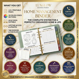 May include: A sage green home management binder with gold rings, open to pages showing garden layouts and planting calendars. The surrounding text highlights 115+ printable pages, 10 color-coded sections, and digital download features.